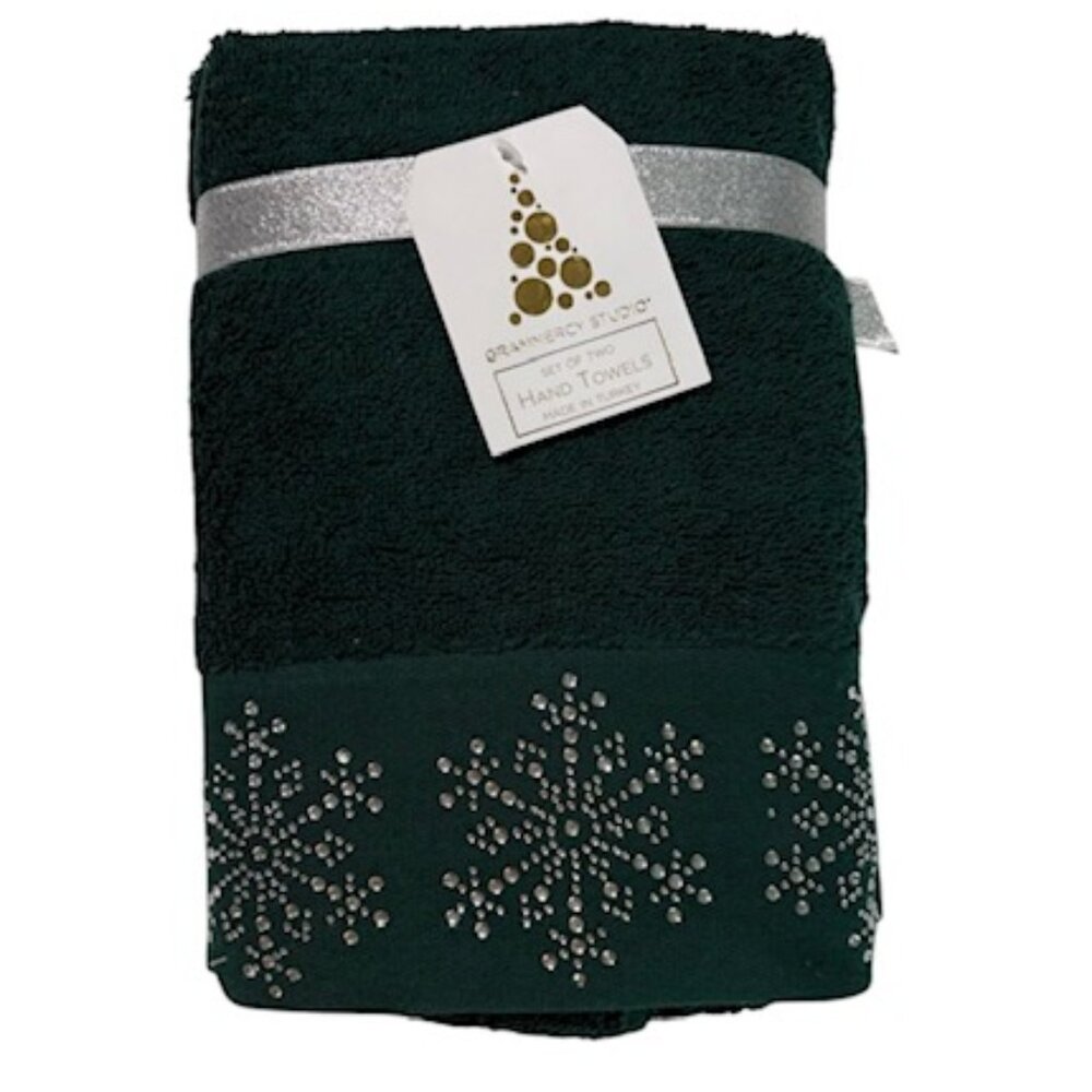 Grammercy Studio Rhinestone Snowflake Bath Hand Towels Set of 2 Dark Green NWT